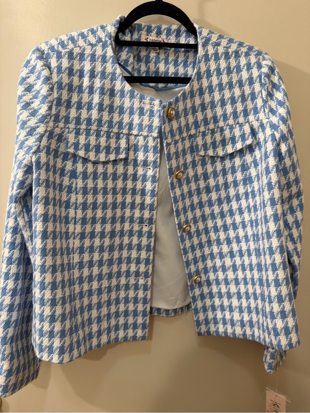 Nannette Light Blue and White Houndstooth Pea Coat